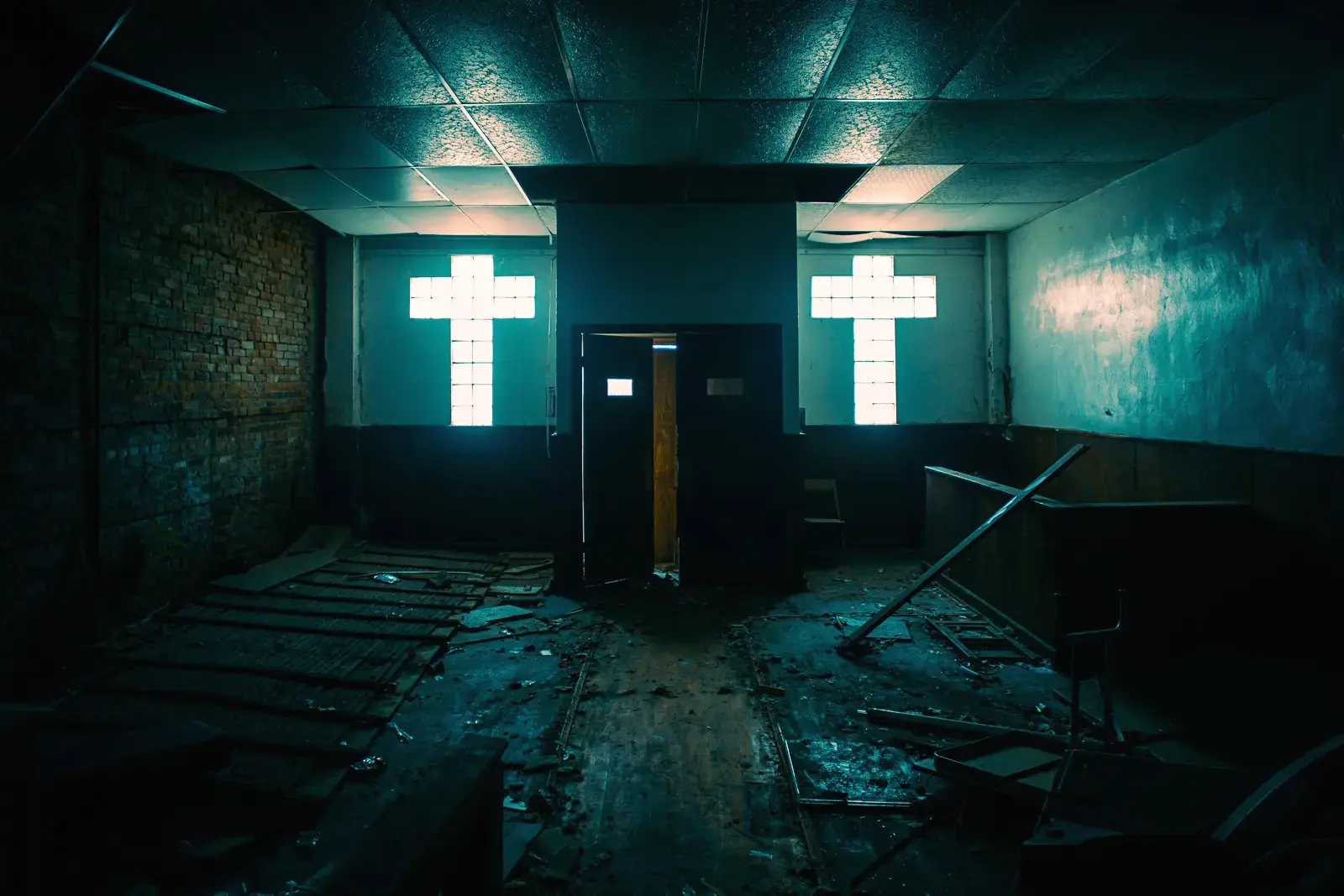 Windows in the shape of crosses light the inside of a fire ravaged church in Cleveland