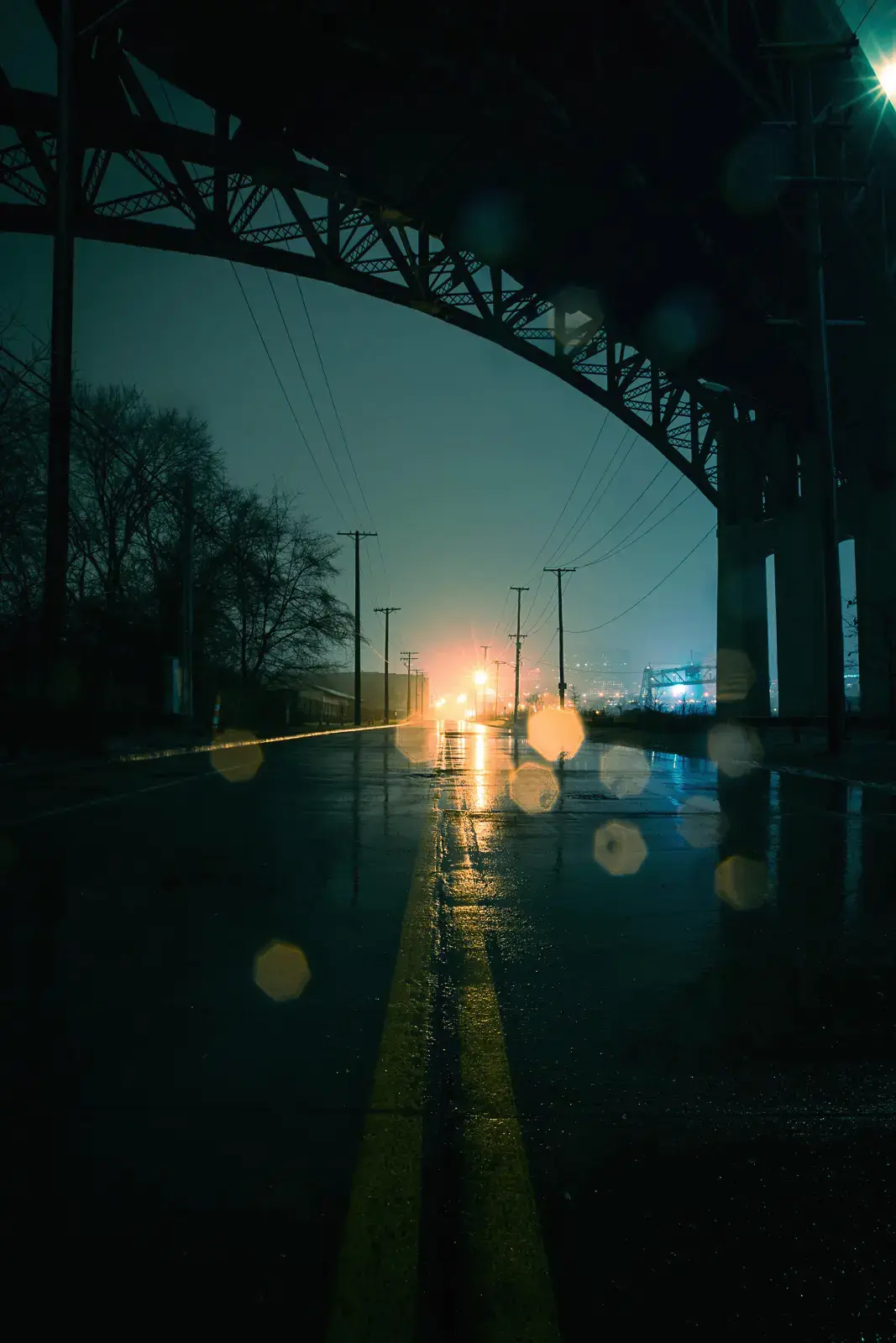 A raining night in Cleveland from beneath the Lorain Carnegie Bridge