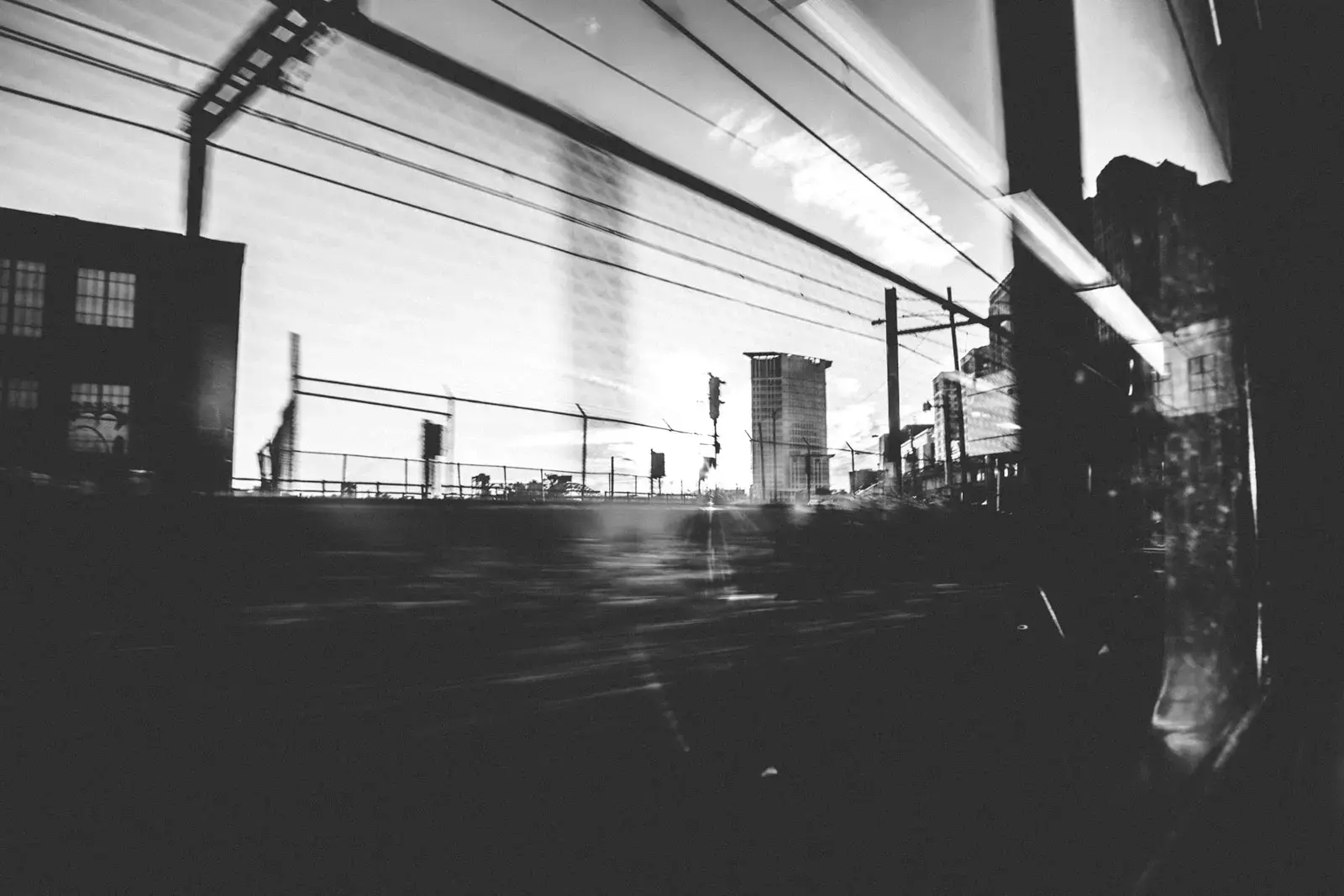 Black and white photo taken from the Red Line RTA train in Cleveland