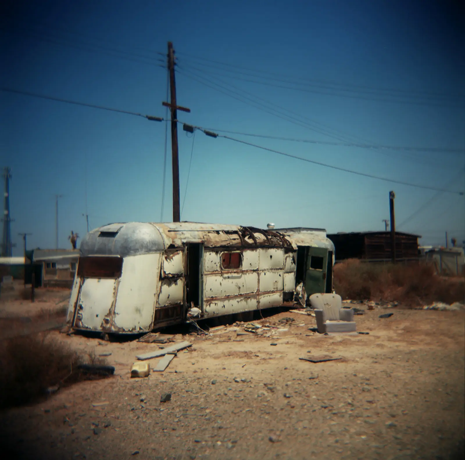 120 medium format photo of an abandoned trailer at the Salton Sea